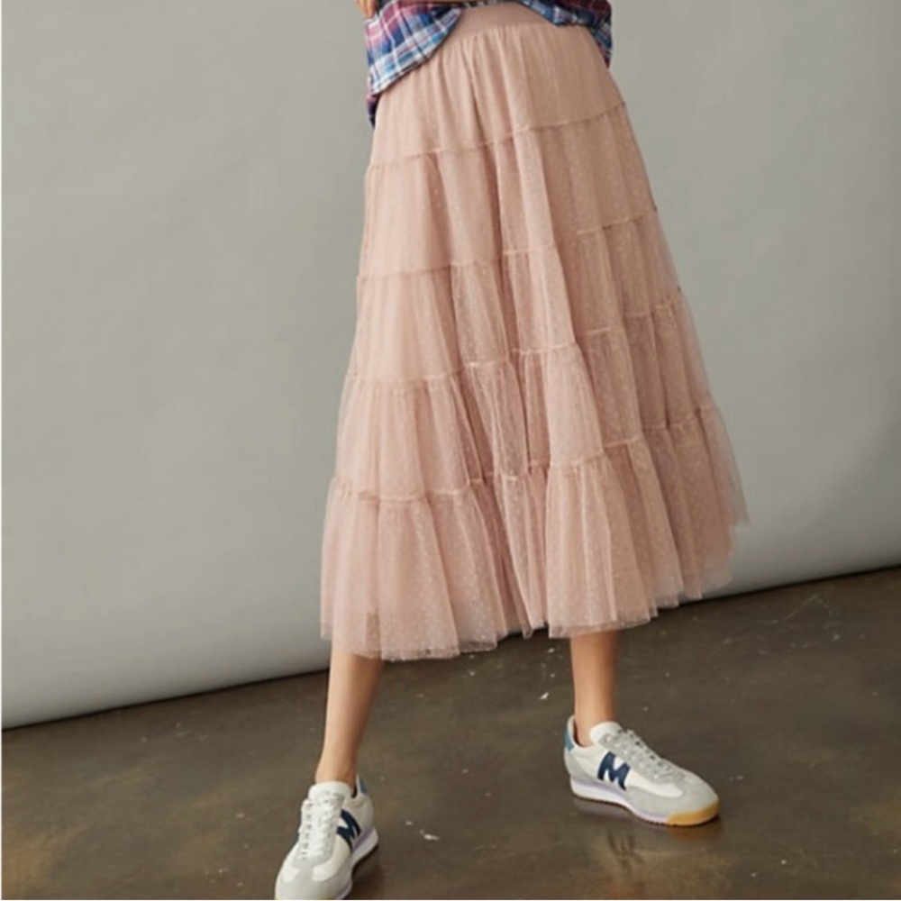 Anthropologie Serena Blush Pink Tiered Tulle Polka Dot Midi Skirt Size XS